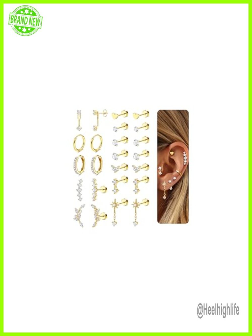 Hypoallergenic Surgical Steel Flat Back Earrings 14K Gold Plated Stud Hoop Set